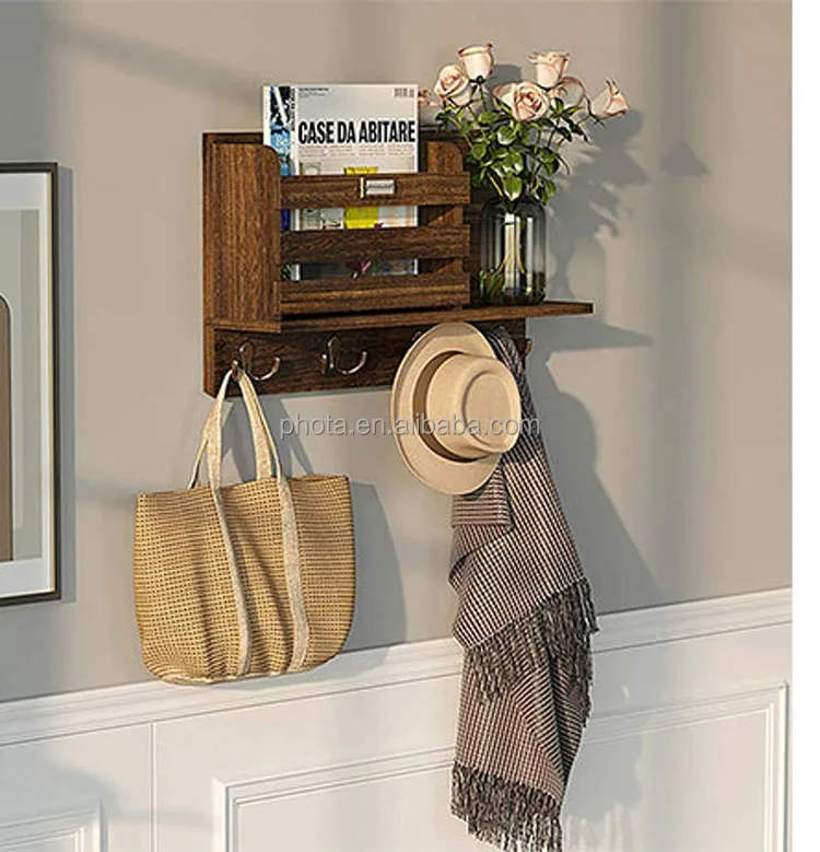 Mail Holder Organizer with Tags & 4 Double Key Hooks Rustic Wood Mail Sorter Key Holder Home Decor for Entryroom