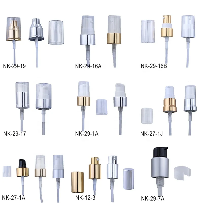 New Design Small Mouth 18mm 20mm 24mm Empty Round Gold Aluminum Plastic Serum Pump Cream Dispenser for cosmetic bottle NK-29-16A