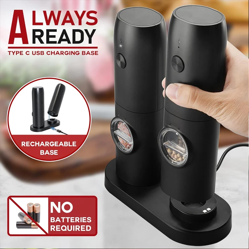 2 Pcs Electric Salt and Pepper Grinder Set Rechargeable Spice Pepper Mill Black Adjustable Automatic Salt and Pepper Grinder