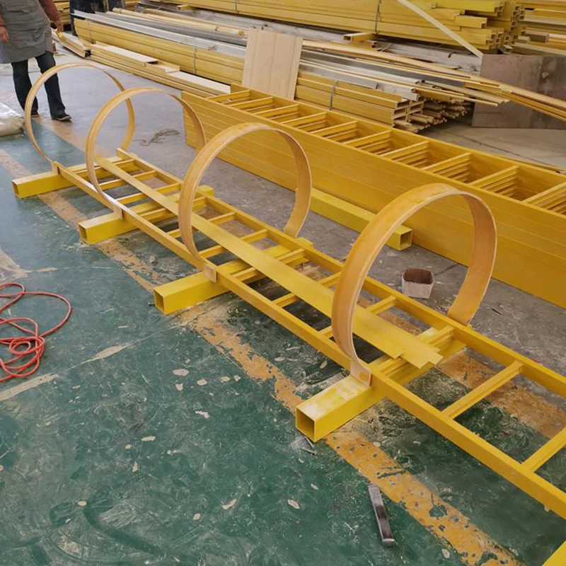 Industrial Outdoor Vertical Cage Ladders Steel Fiberglass Frp Material Angled Steel Cat Cage Step Ladder For Fire Escape Access