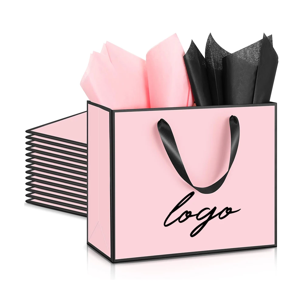 Custom Printed Logo Pink Boutique Wrapping Retail Shopping Packaging Luxury Jewelry Clothing Gift Paper Bag With Ribbon Handle