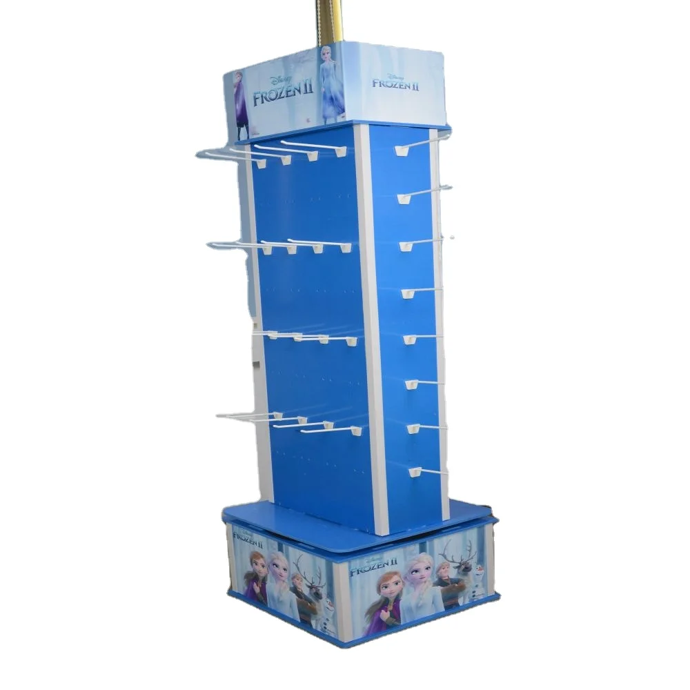 Professional Service Customized Cardboard Pegboard Rotating Display 4 Sides Floor Display Stand With Hook