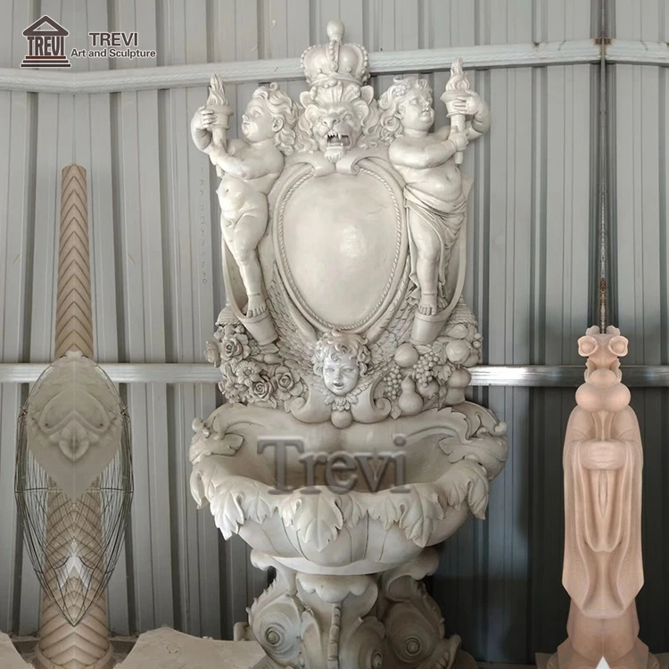 Western french white corner natural stone angel statue marble wall indoor fountain