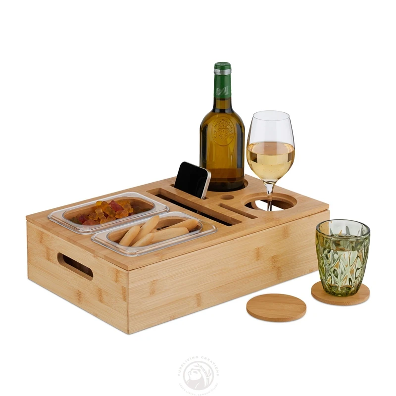Anti-Spill Solid Bamboo Wood Couch Console Cup Holder for Snacks Beverage Remote