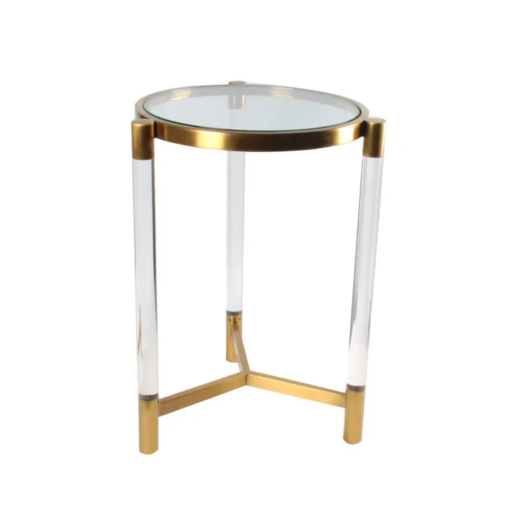 2020 Hot Selling Round Side Table Gold Acrylic End Table Stainless Steel Brass Triangle Coffee Table