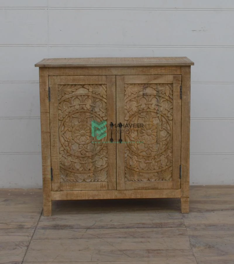 High Quality Two Door Floral Carved Sideboard Natural Rustic finish