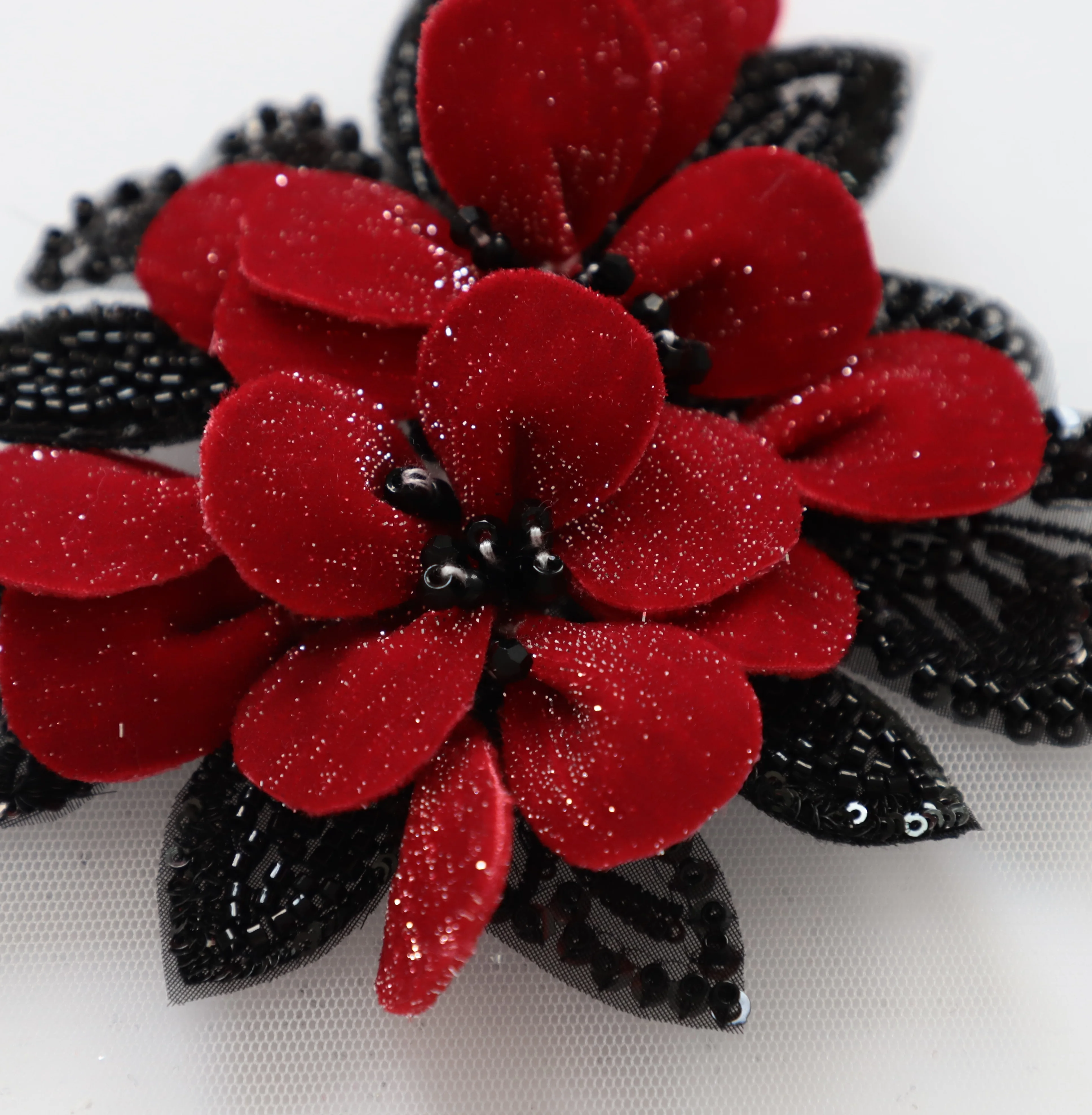 Customized Handwork 3D Black Brooch with Sequins Beading Applique Patch for Couture Dress ,Wedding Dresses Accessories DIY
