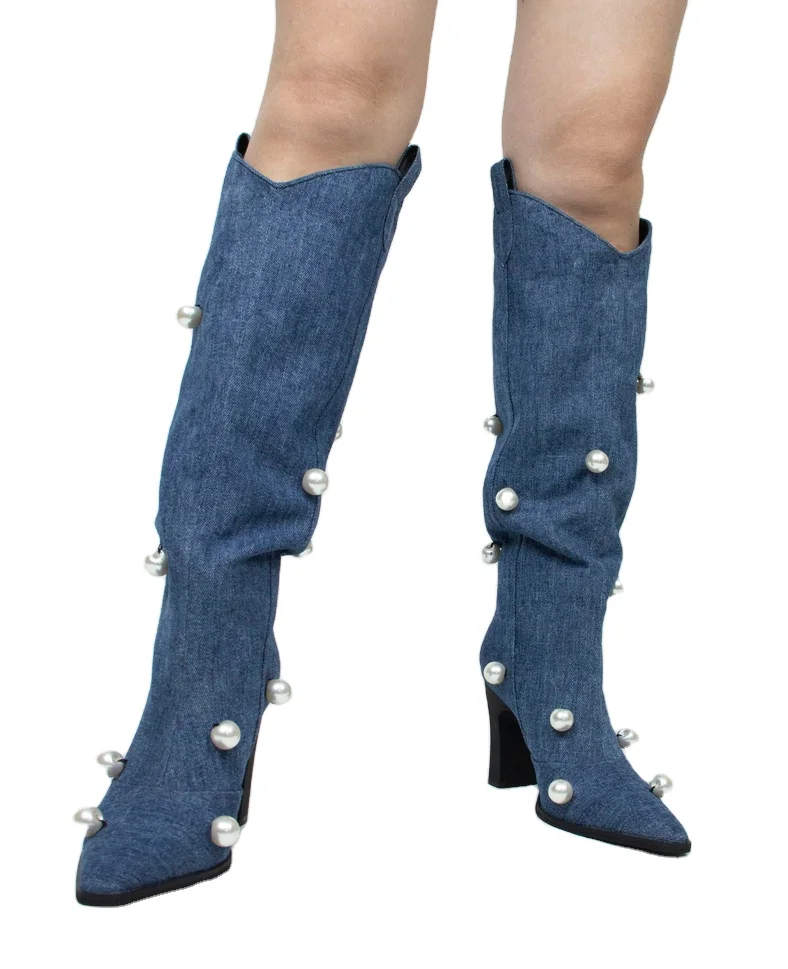 Hot selling women knee boots soft denim pearl high heels jeans ladies autumn shoes