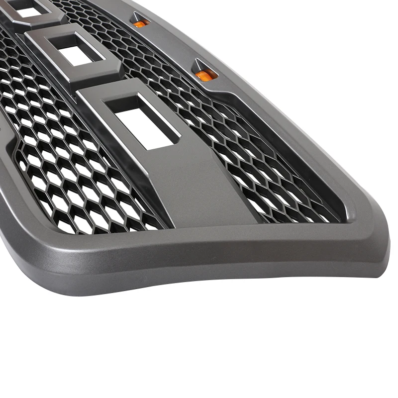 Matte Black Front Hood Mesh Grille+Amber 3x LED Fit For Ford F150 2004-2008