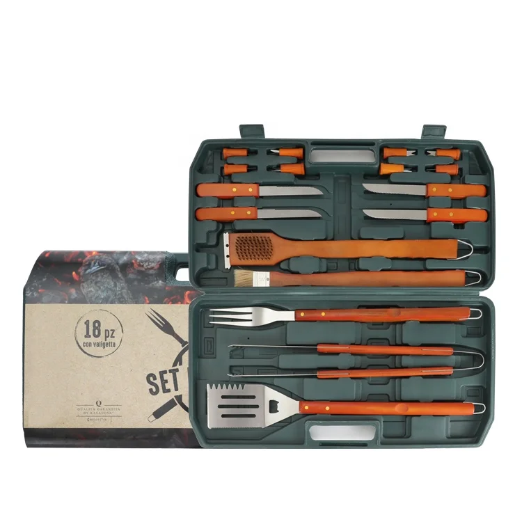Wholesale 18 Piece Stainless Steel BBQ Cleaning Brush Grill Tongs Outdoor Gourmet Barbecue Tools Set With Case