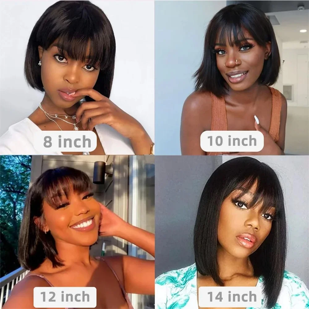 Brazilian Remy Human Hair Bob Wigs for Women Short Straight Full Machine Made Wig with Bangs Non-Lace Glueless Design