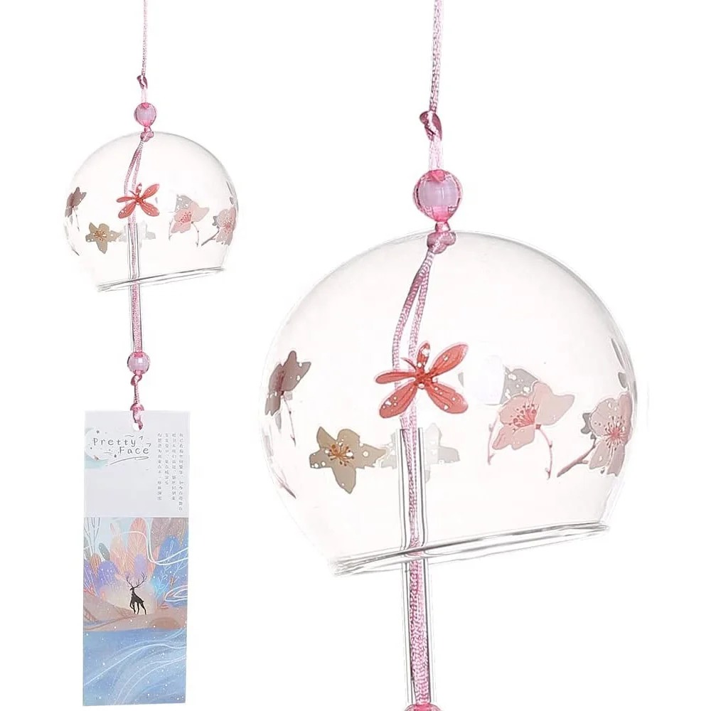 Japanese Wind Chimes Set Romantic Cherry Wind Bells Handmade Glass Pendant for Birthday Gift Home Decors Eco-friendly
