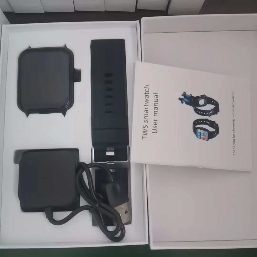 Multi functions hands free tws earphone spin button earbuds square smart watch 2 in 1 with headset earbuds earphone