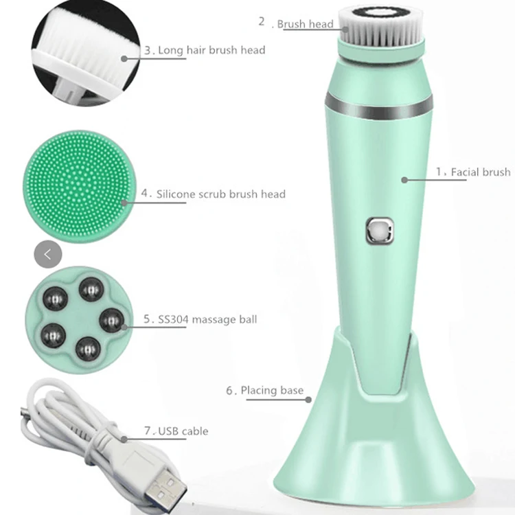 Factory New 4 head Rotational Vibration Electric silicone facial cleansing brush with Base