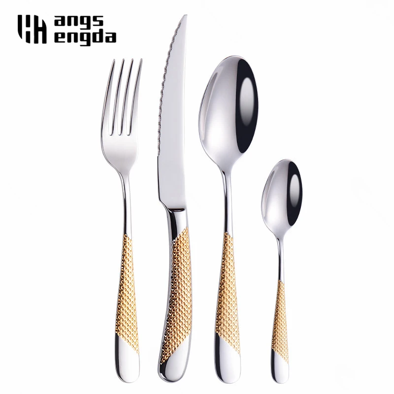 Amazon Hot 18/10 Stainless Steel Dinner Knife Fork Cutlery Set Service Silverware Flatware Fashion Golden Dinnerware Set