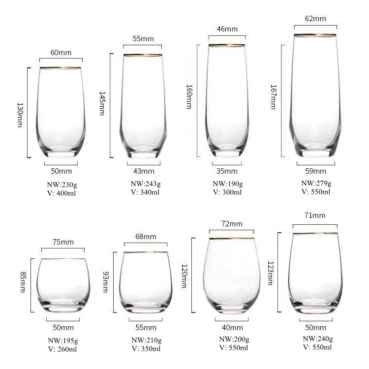 Clear egg shape Drinking stemless Champagne Glass with Gold rim