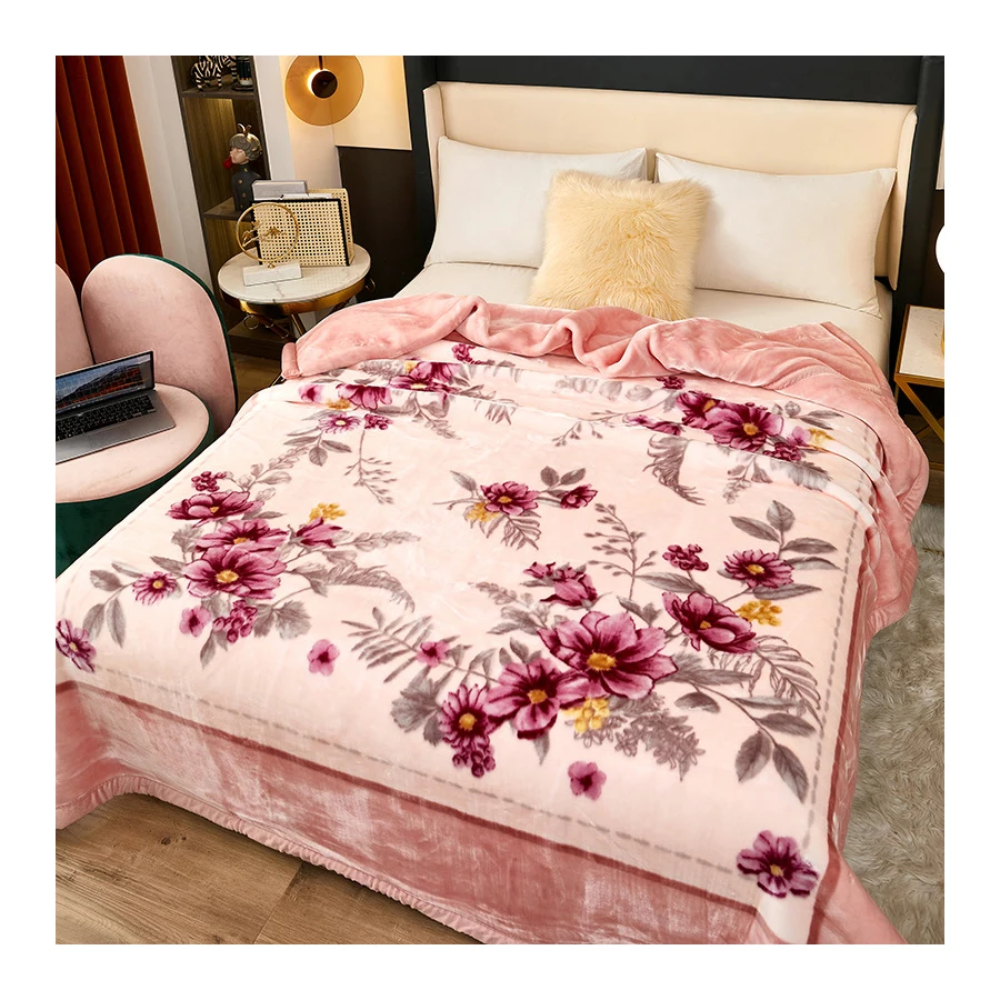 Super soft multisize polyester korean style heavy plush warm printed raschel bed blanket for winter
