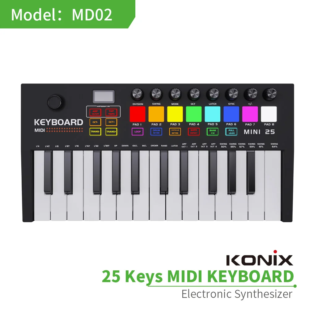 Konix MINI 25-клавишный ультра-портативный USB MIDI контроллер клавиатуры