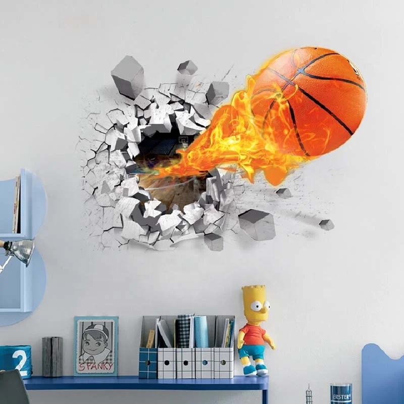 BSCI Certificate Basketball Kids Room Decoration  3D Home Wall Vinyl Sticker 3d Broken Wall Basketball PVC Wall Stickers