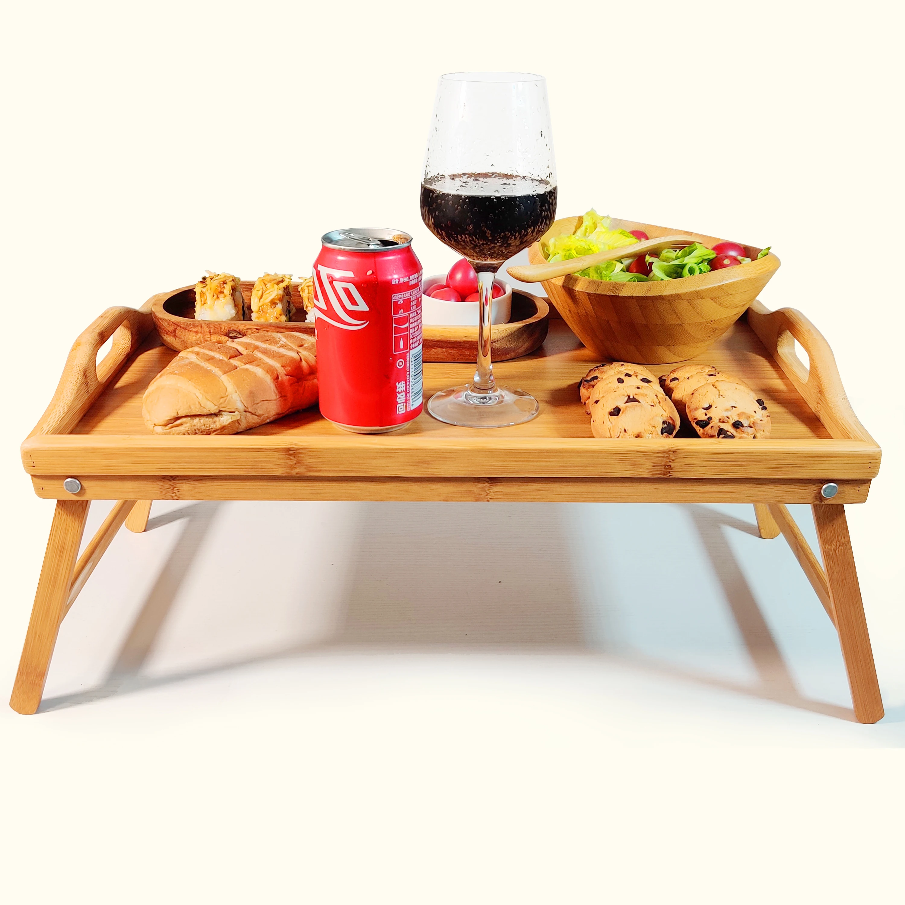 High Quality China Custom Round Wood Crafts Food Serving Tray Wooden Bamboo Service Rolling Tray With Handles For Tea
