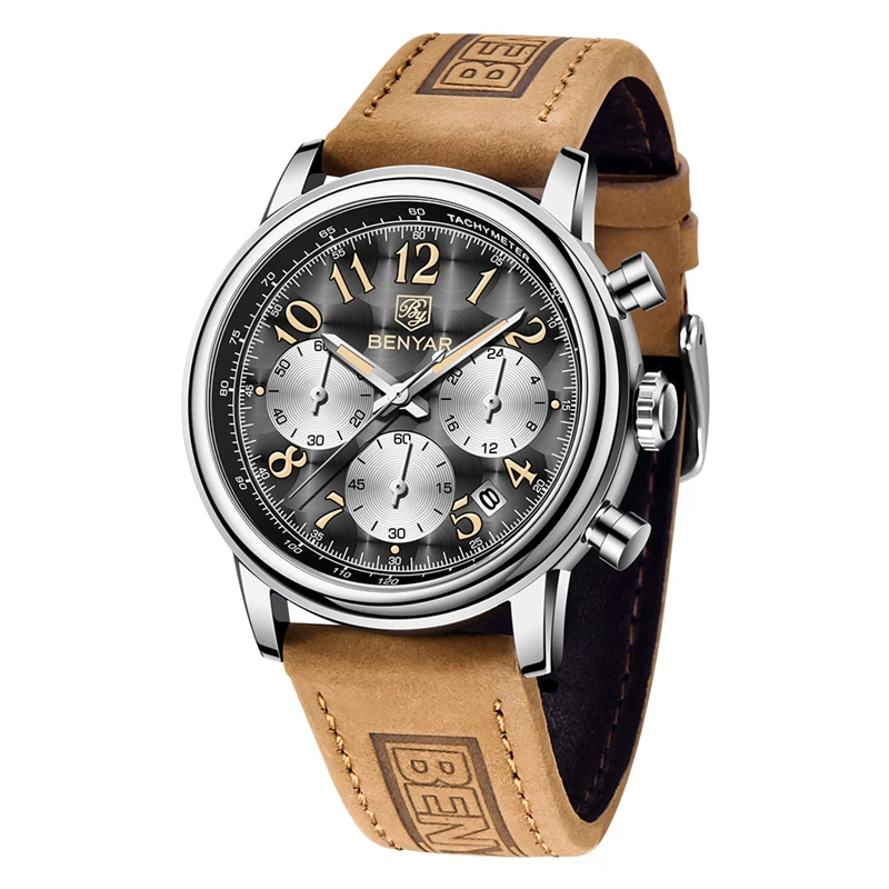 New Watches Men Luxury Brand BENYAR Chronograph Men Sport Watches High Quality Leather Strap Quartz Wristwatch Relogio Masculino