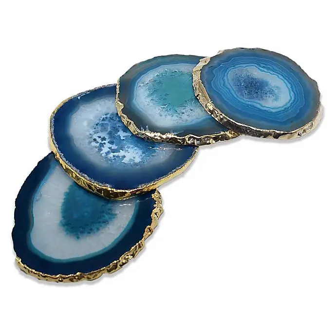 2025 new arrival hotsale black blue nature  slice agate stone coaster set with golden trim for drinking cup
