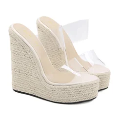 Summer PVC Transparent Peep Toe Cane Straw Weave Platform Wedges Slippers Sandals Women Fashion High Heels Female Shoes