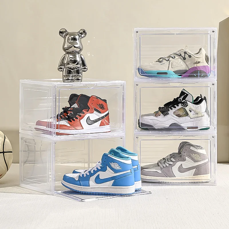 6 Pack Premium Clear Transparent Plastic Sneaker Shoe Storage Box Foldable stackable Shoe rack jordan Shoes Case