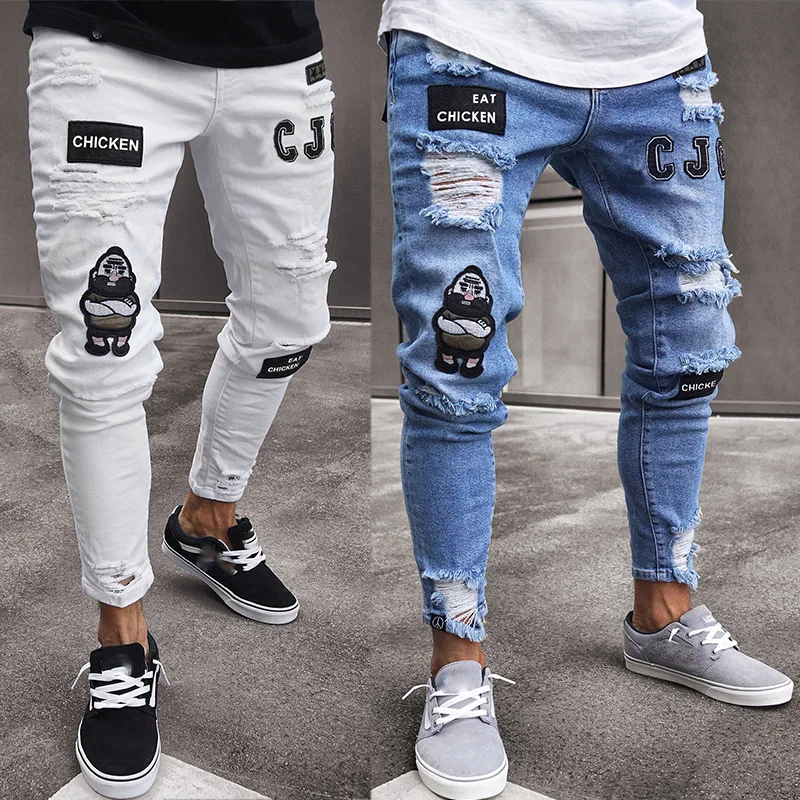 Fashion Slim Demin Jeans For Men Blue Color Label Ripped Trousers Mens Streetwear Jeans Pants
