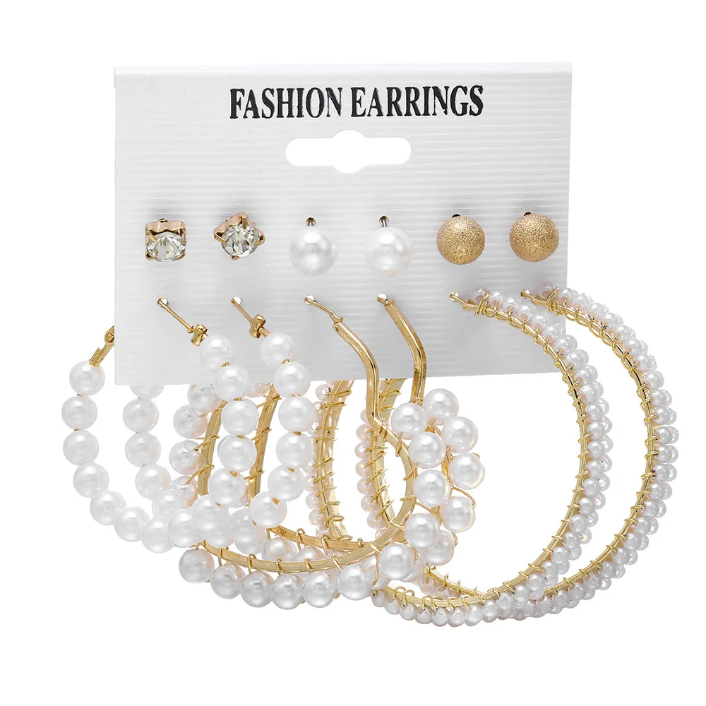 Large Hoops White Pearl Earrings Set 6-piece geometric star rhinestone metal earrings