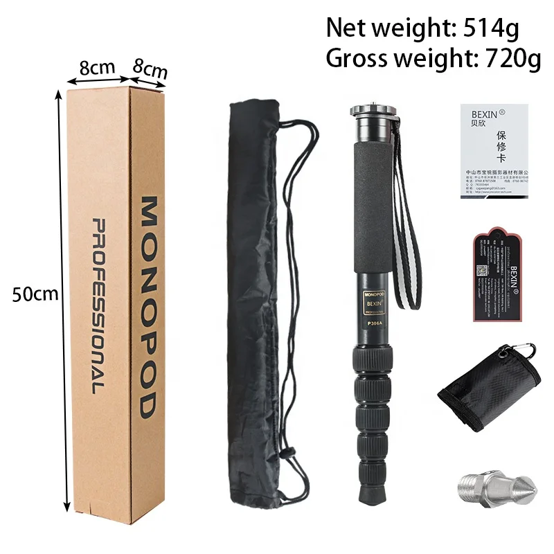 BEXIN Aluminum Lightweight Portable Monopod Triangle Brace Extension Pole Travel Hiking Stick for Camera Head Phone Clip Compass