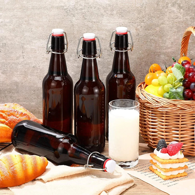 Classic Flip Lid Drink Glass Beer Bottles Swing Top Glass Bottle For Beverage Wine Water With Airtight Stopper Cap