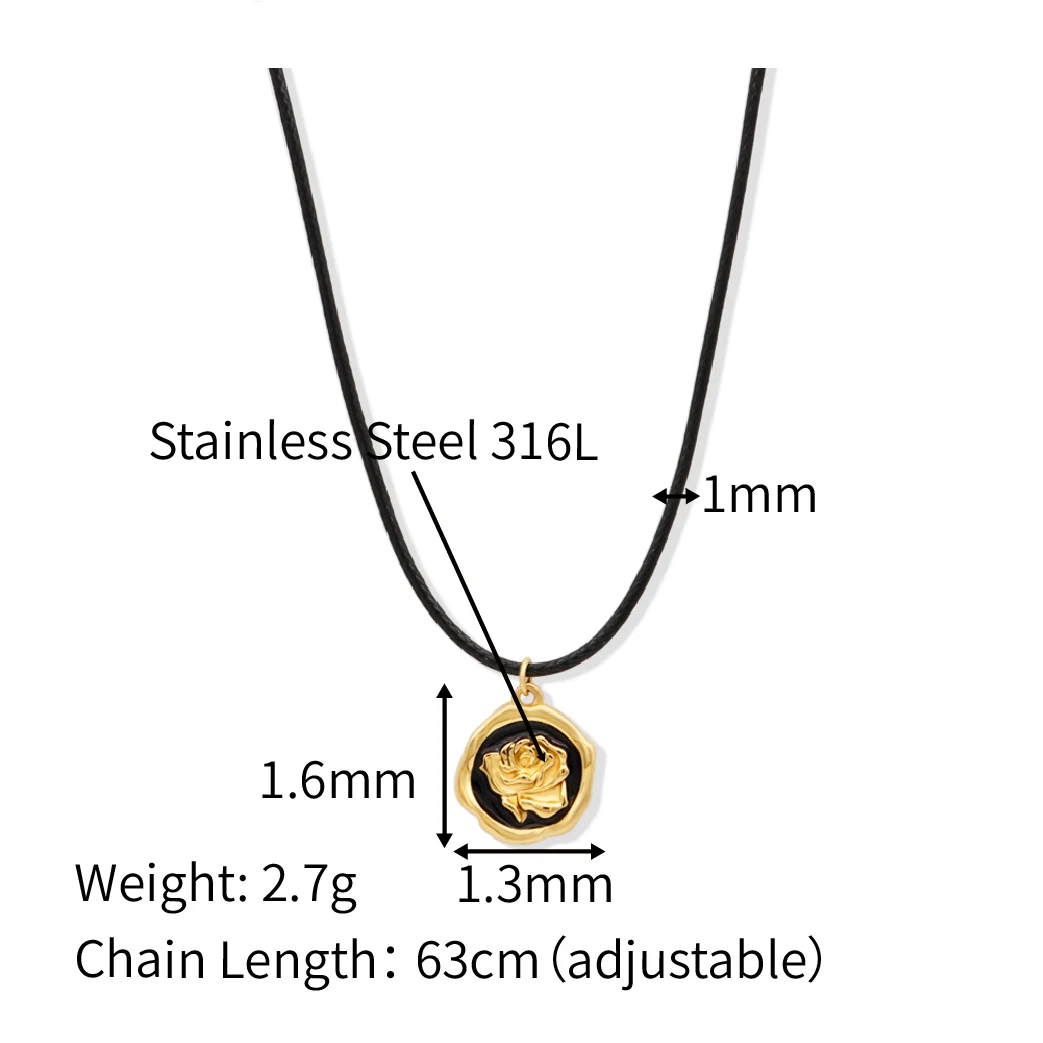 Chris April PVD gold plated 316L stainless steel hand crafting black enamel rose cameo pendant necklace