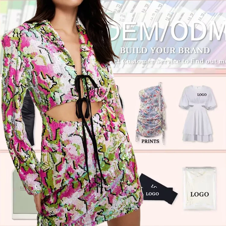 Custom 2023 trend lady fashion vintage elegant winter luxury long sleeve v neck sequins blazer mini clothes dress for women