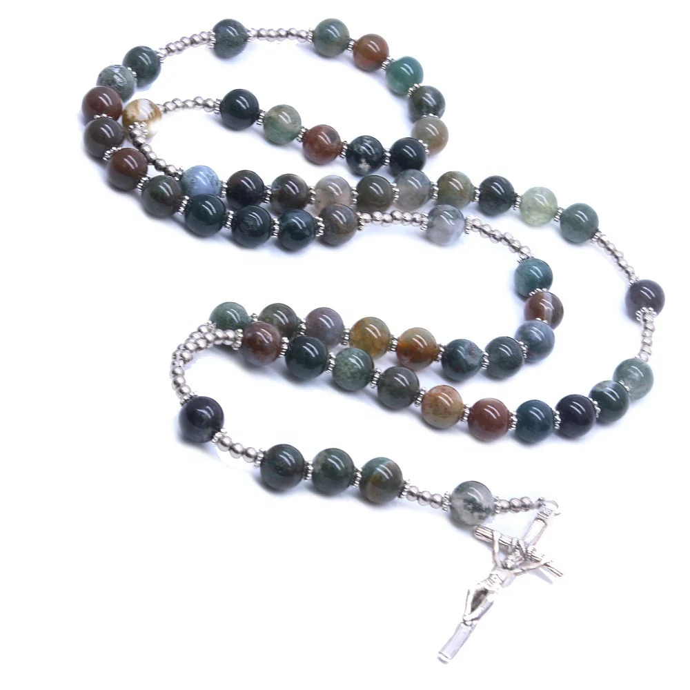 8MM Jade Beads Rosary Cross Necklace India Agate Stone Cross Necklace Religious Catholic Christian Prayer Bead NECKLACE