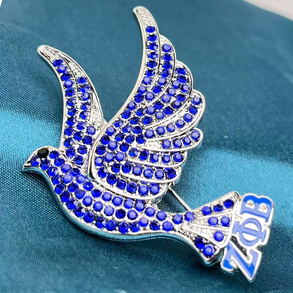 Metal Alloy Letter Society Greek Sorority Zeta Phi Beta Peace Pigeon Dove Pearl Crystal Rhinestone Animal Brooch Pin