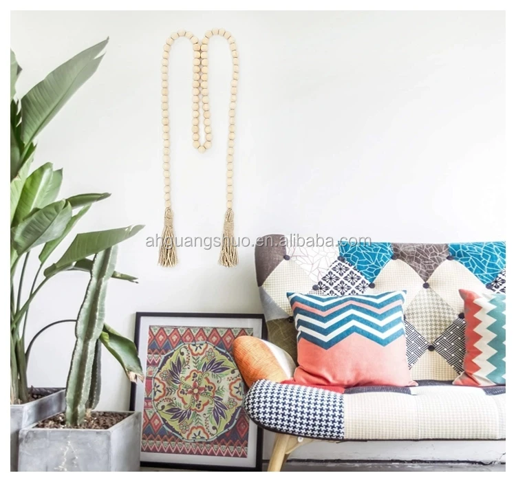 
wood bead garland rustic decor bedroom wall decorations farmhouse ornament woven wall hanging /light natural wood bead tassels 