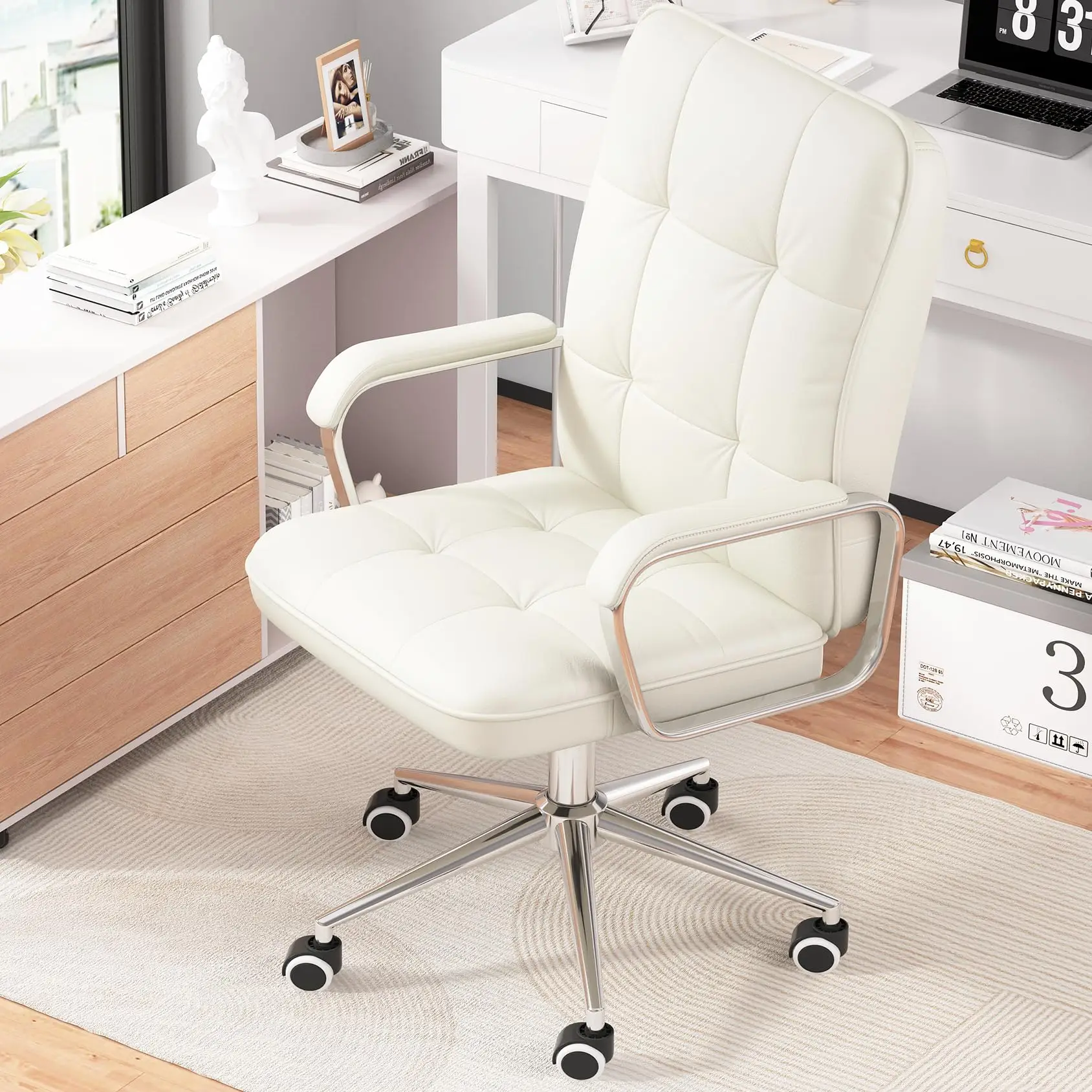 Brazil Leather Large Fabric Revolving Home Office Wheels Padded Arms Soft Leather Adjustable Computer Desk Swivel Chair
