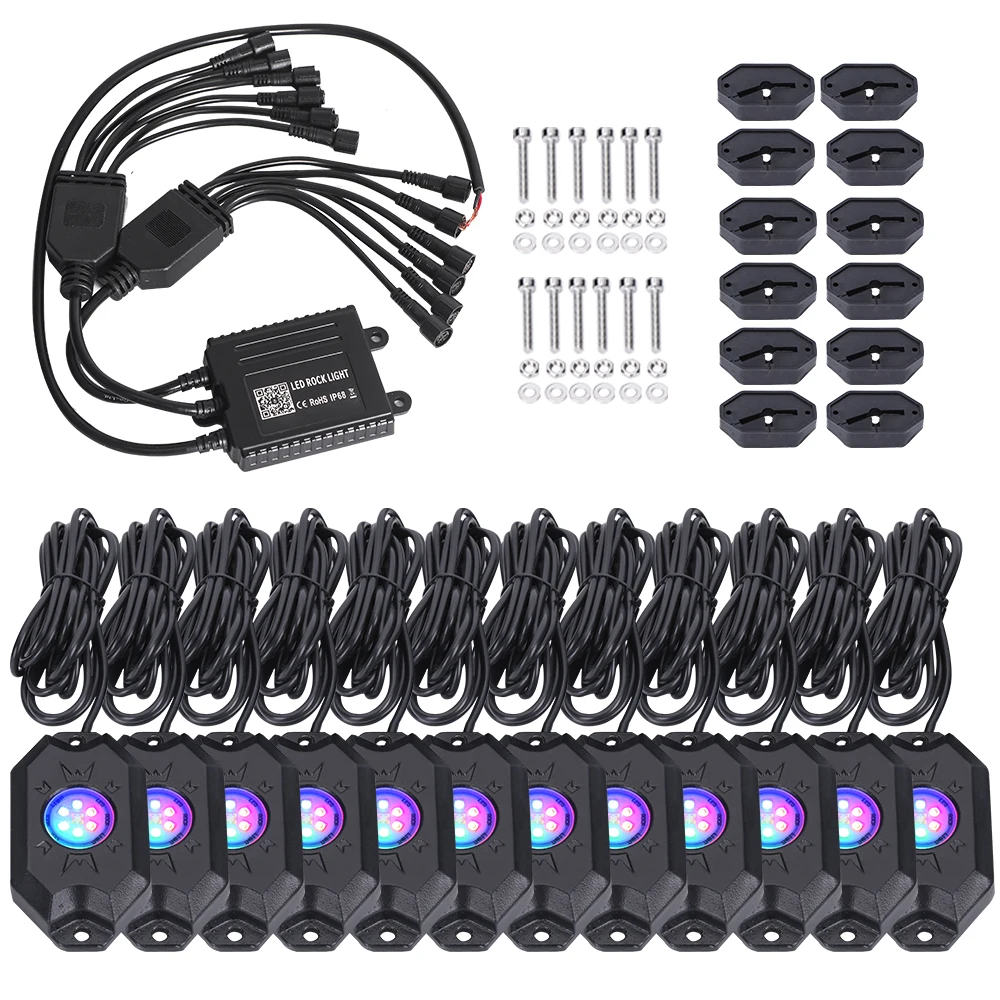 RGB Rock Light Kit Neon Underglow MusicWaterproof 12V With App/Blutooths Rock Lights For Jeep Offroad Atv Utv Suv