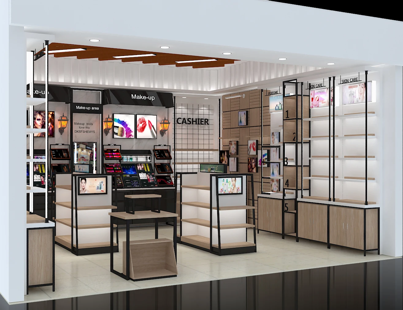 Wooden Skin Care Display Shelf Beauty Supplies Store Cosmetic Shops Name Display Cabinet Business Metal Painting Customized Wood