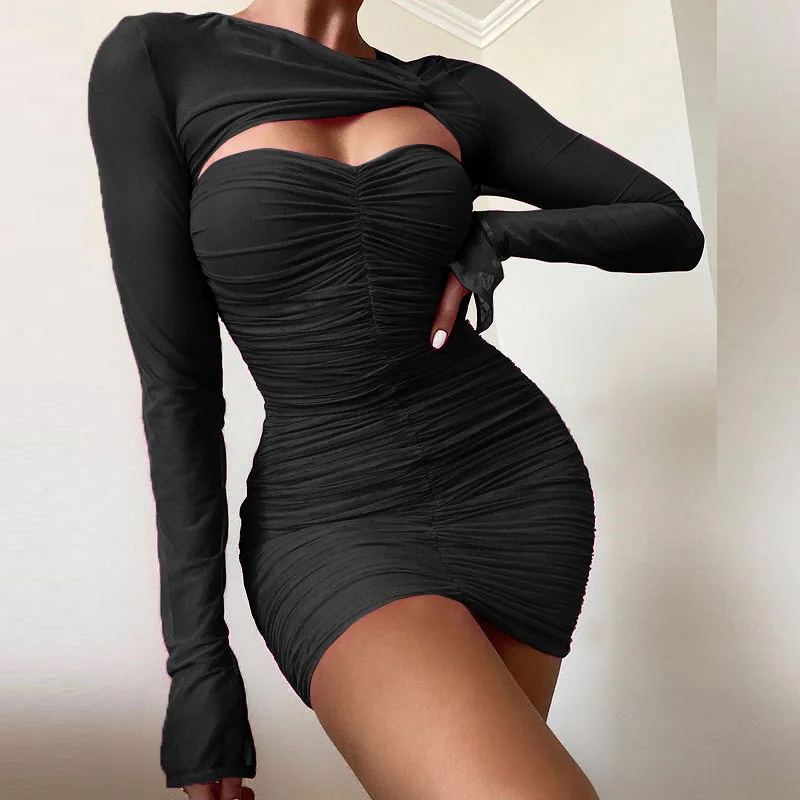 New Fashion Rose Red Color Bodycon Club Dresses Sexy Women Clothing Personality Tie Front Mesh Cutout See Through Dress For Girl