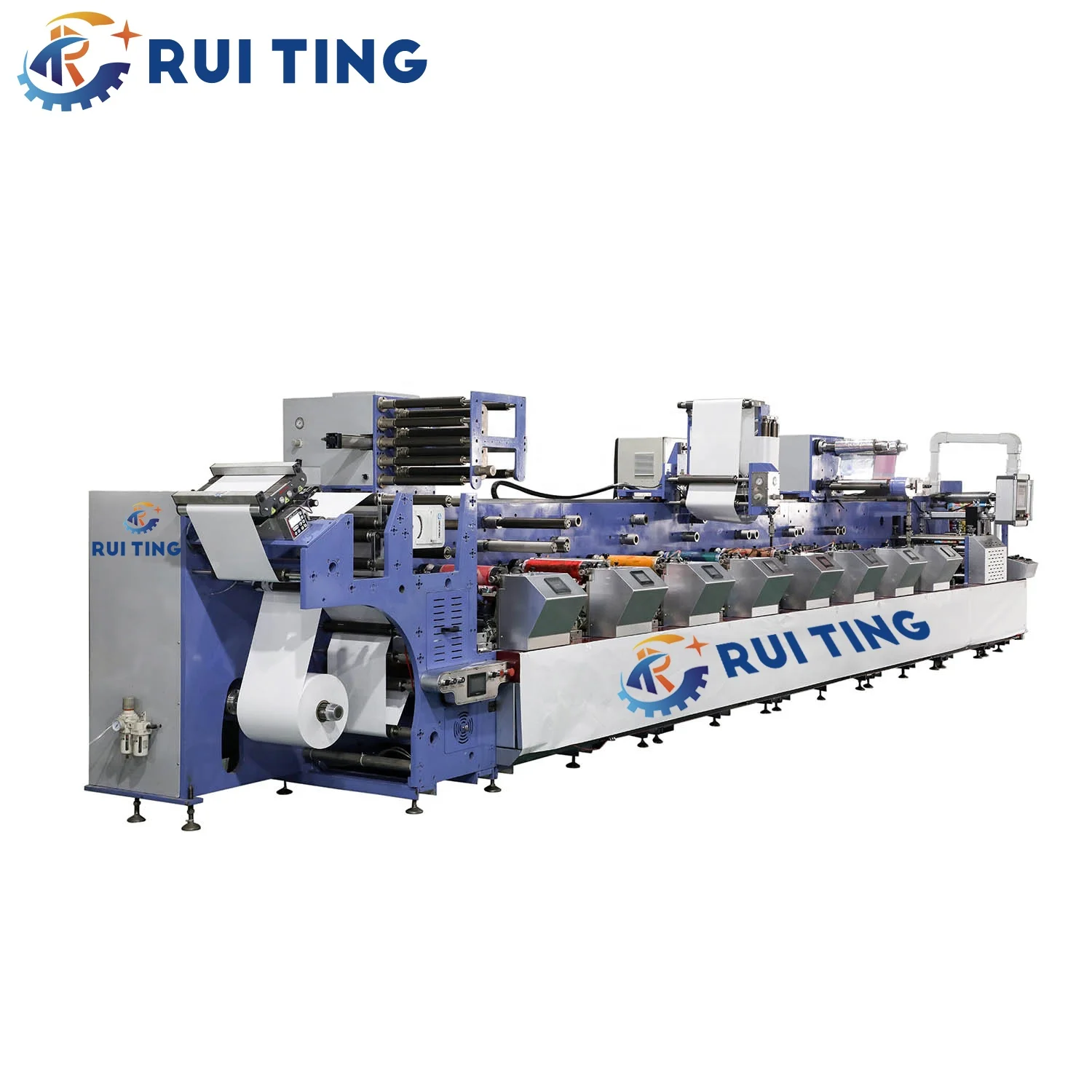 High density servo motor roll to roll pet film transparent material printer 8 color horizontal flexo machine with chiller