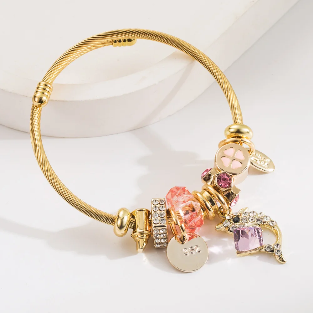 Wholesale Stainless Steel Crystal Bead Bangle Gold Plated Custom Animal Dolphin Charm Bracelet For Girls