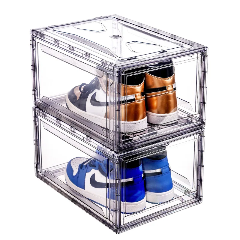 Home Storage Transparent Plastic Sneaker Stackable Shoe Storage Boxes PET Drawer Type Magnetic Clear Shoe Box