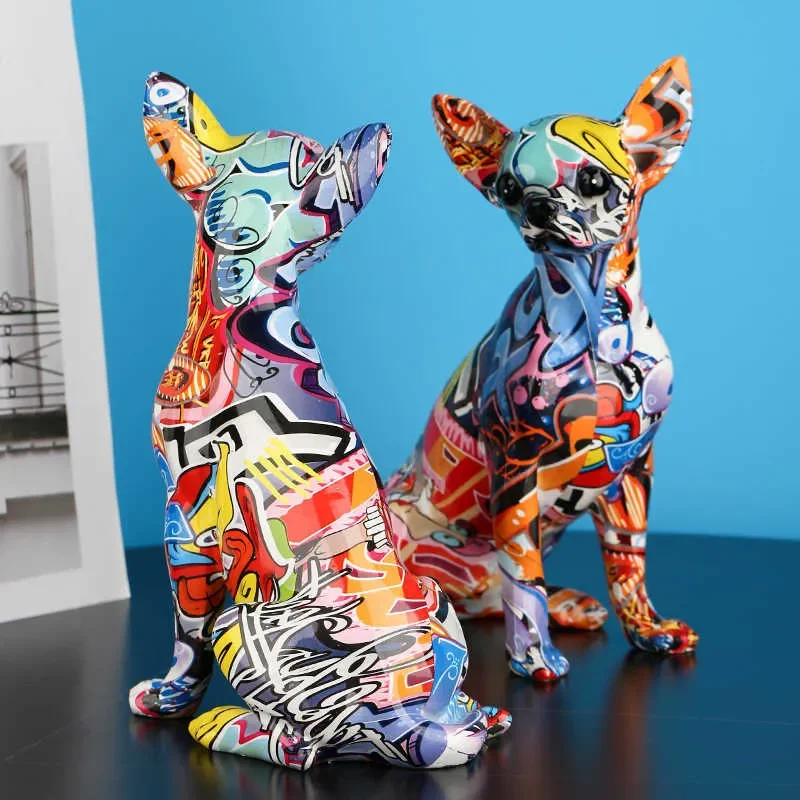 Creative Water Transfer Chihuahua Dog Figurine Ornaments Home Office Tabletop Resin Crafts Decor Graffiti Chihuahua statue