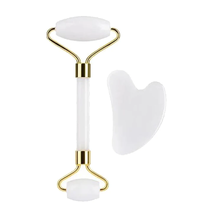 Custom Logo Jade Roller and Gua Sha Set Natural Green Pink White Black Blue Jade Roller Guasha set Rose Quartz Steel Facial Tool