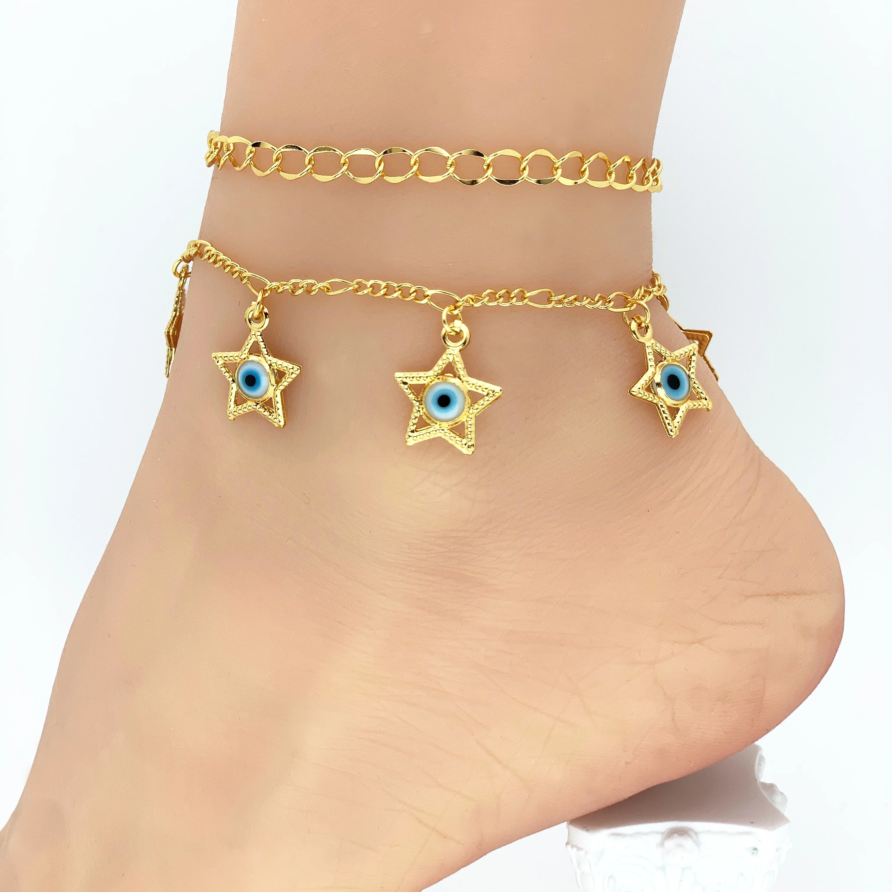 2023 Wholesale Women Jewelry Double layer chain evil eye Pendant 24k gold plated anklet