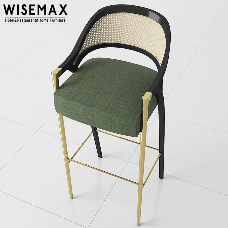 WISEMAX FURNITURE Italian Home Solid Wood Frame High Legs Bar Stool Rattan Curved Backrest Design Bar Stool With Fabric Seat