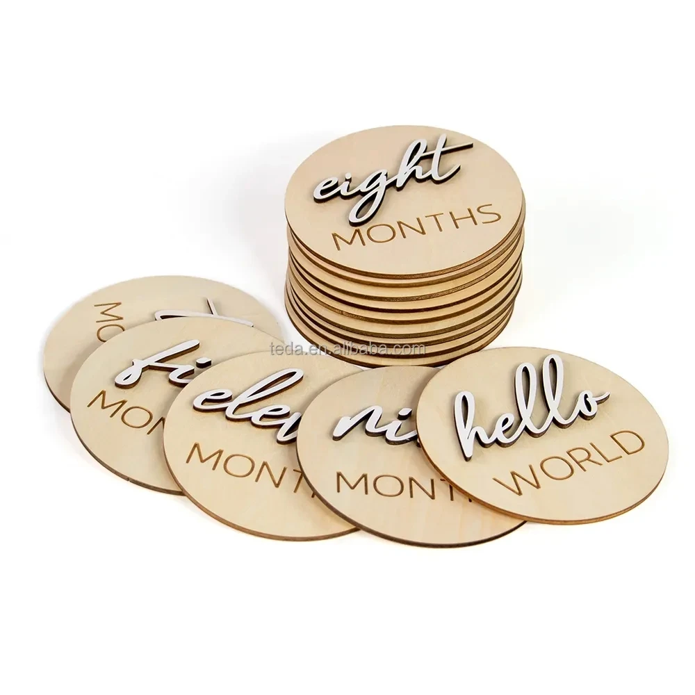 Set of 14 pcs 3D Wooden Monthly Milestone Marker Cards with Hello World Newborn Pregnancy Announcement Sign