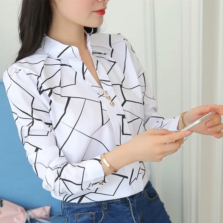 Элегантная рубашка с принтом женские весенние Осенние Топы офисная корейская мода тонкая белая шифоновая блузка Рубашки с длинным рукавом Блузы (1600186732515)